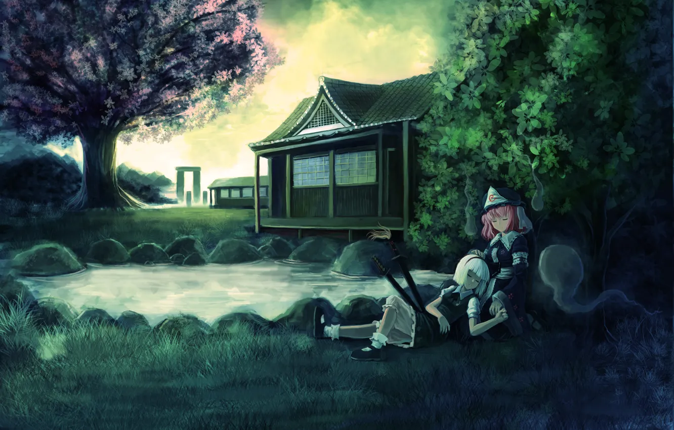 Photo wallpaper sunset, night, house, weapons, girls, tree, katana, Sakura