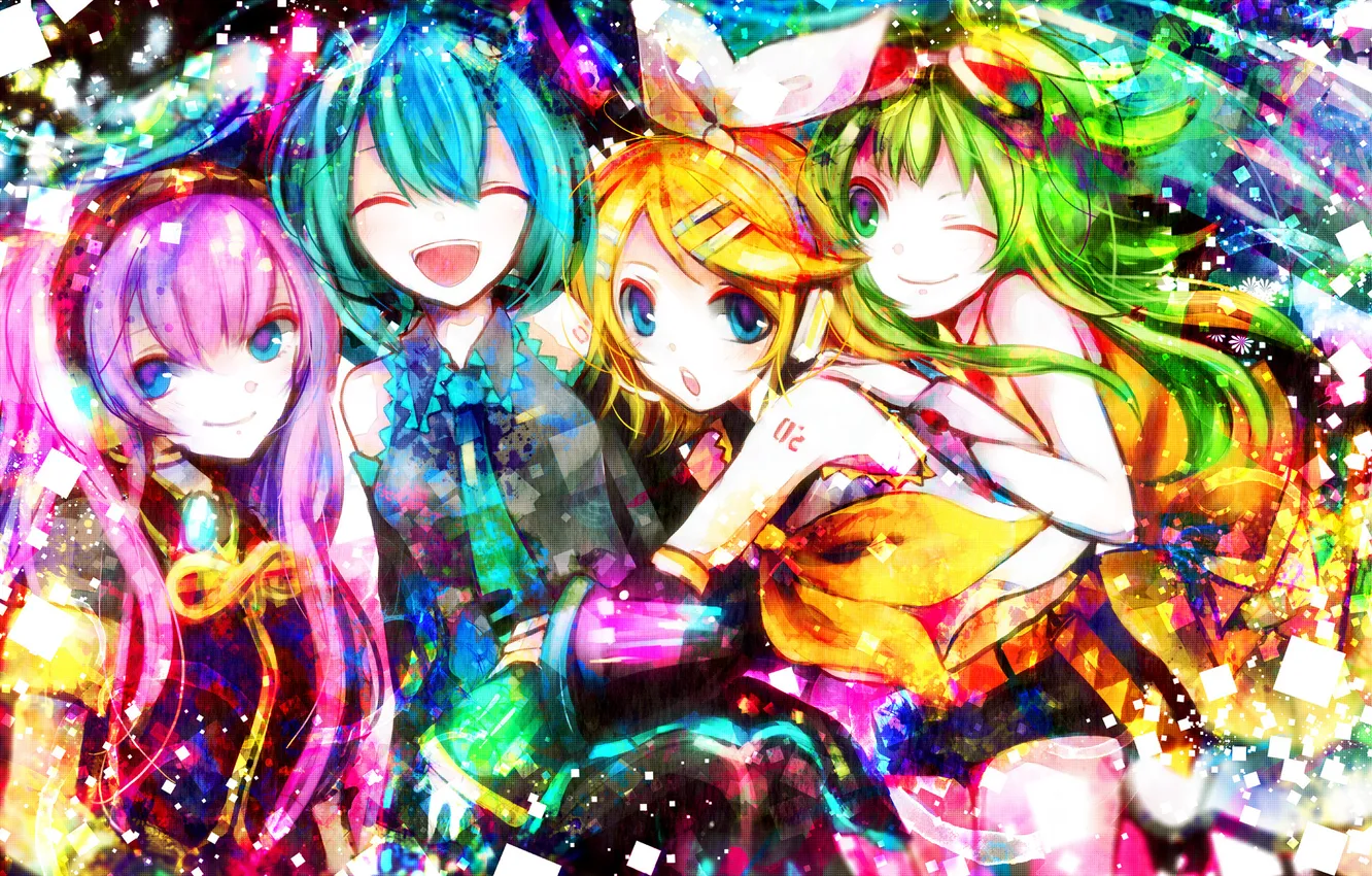 Photo wallpaper girl, joy, laughter, colorful, headphones, art, glasses, tie