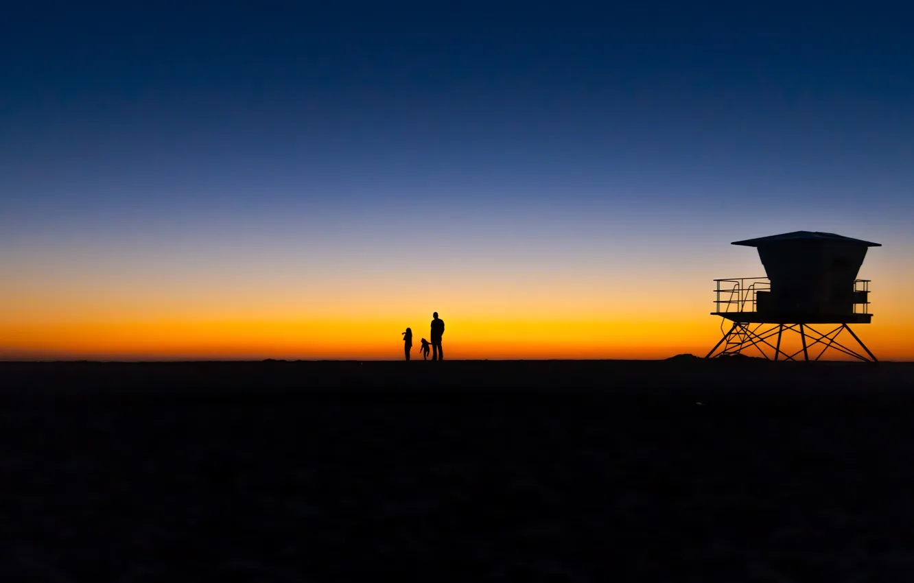 Photo wallpaper beach, the sky, sunset, people, silhouette, lifeguard post