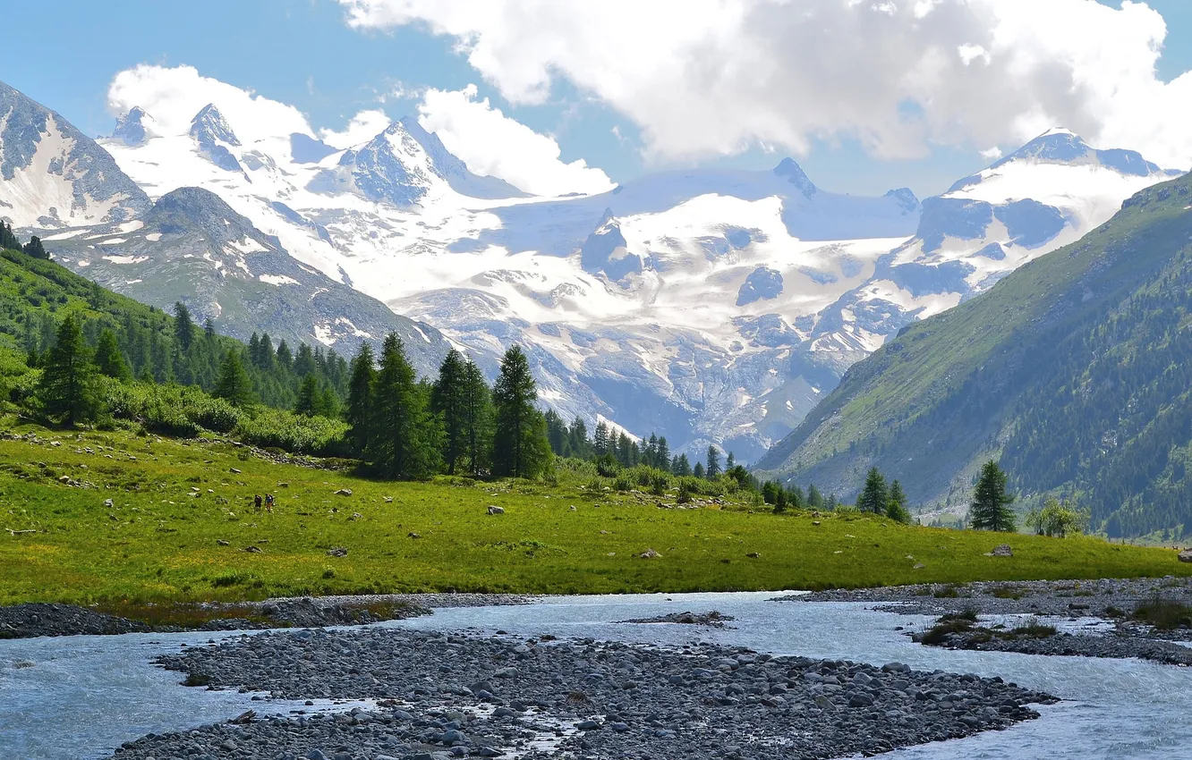 Photo wallpaper the sky, clouds, trees, mountains, river, slope