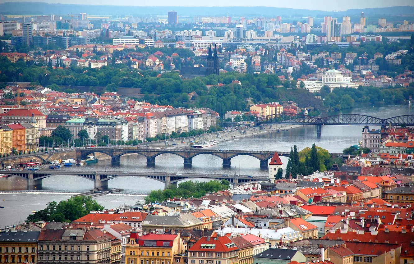 Photo wallpaper landscape, bridge, river, home, Prague, Czech Republic, Vltava