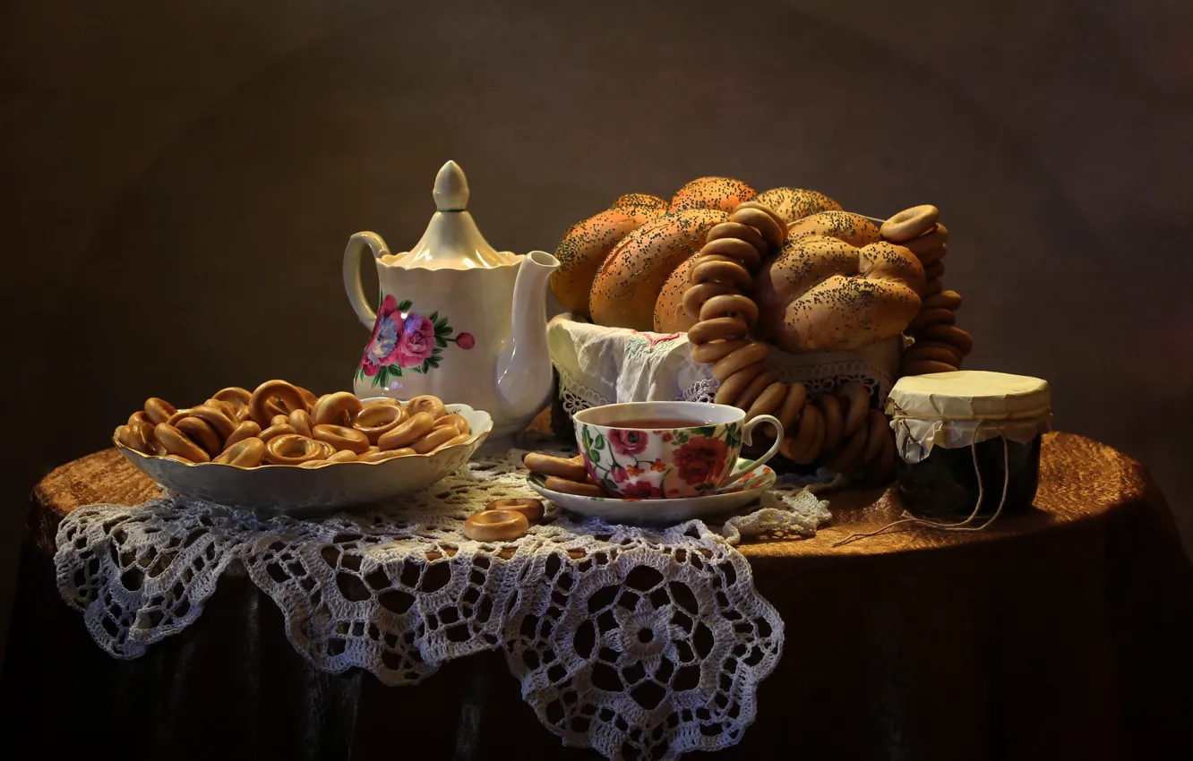 Photo wallpaper tea, cakes, bagels, baton