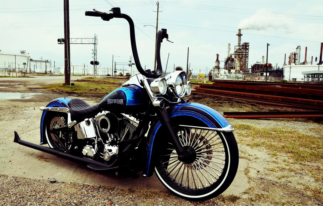 Photo wallpaper Harley Davidson, Custom, Motorcycle, Bllue