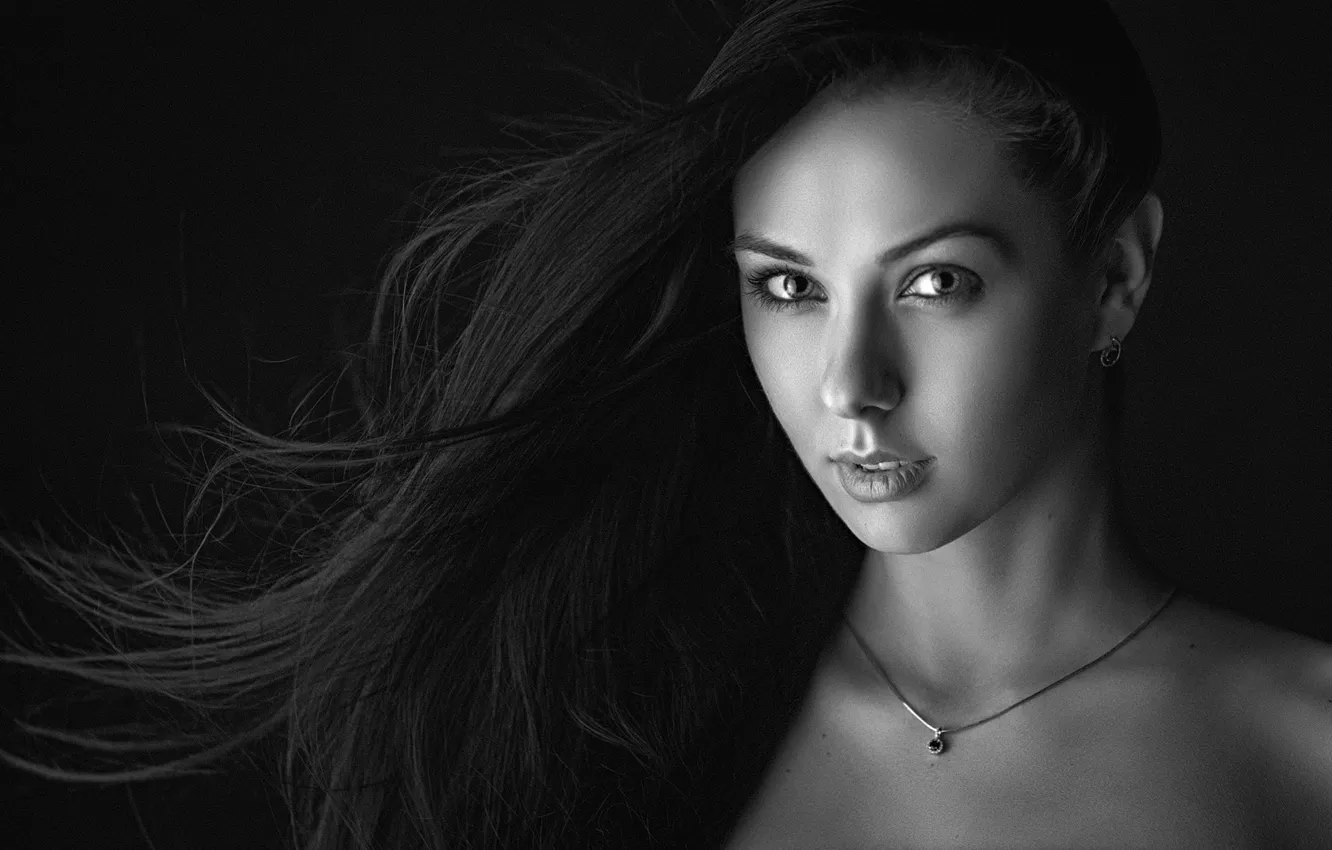 Photo wallpaper look, girl, hair, portrait, black and white photo