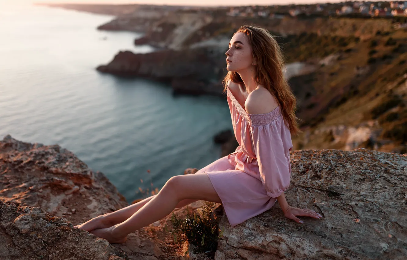 Photo wallpaper girl, long hair, dress, legs, sea, brown eyes, photo, sunset