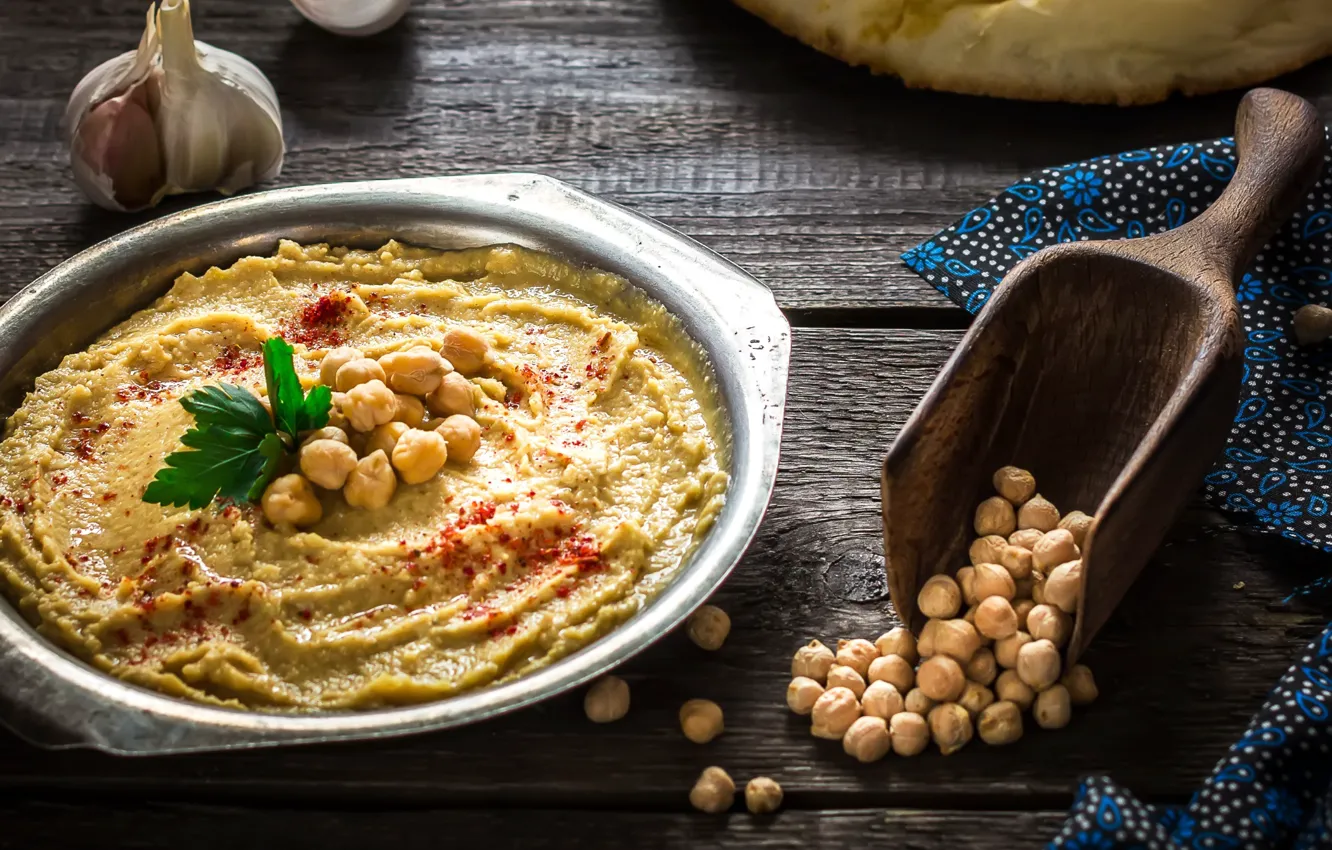 Photo wallpaper greens, garlic, appetizer, hummus