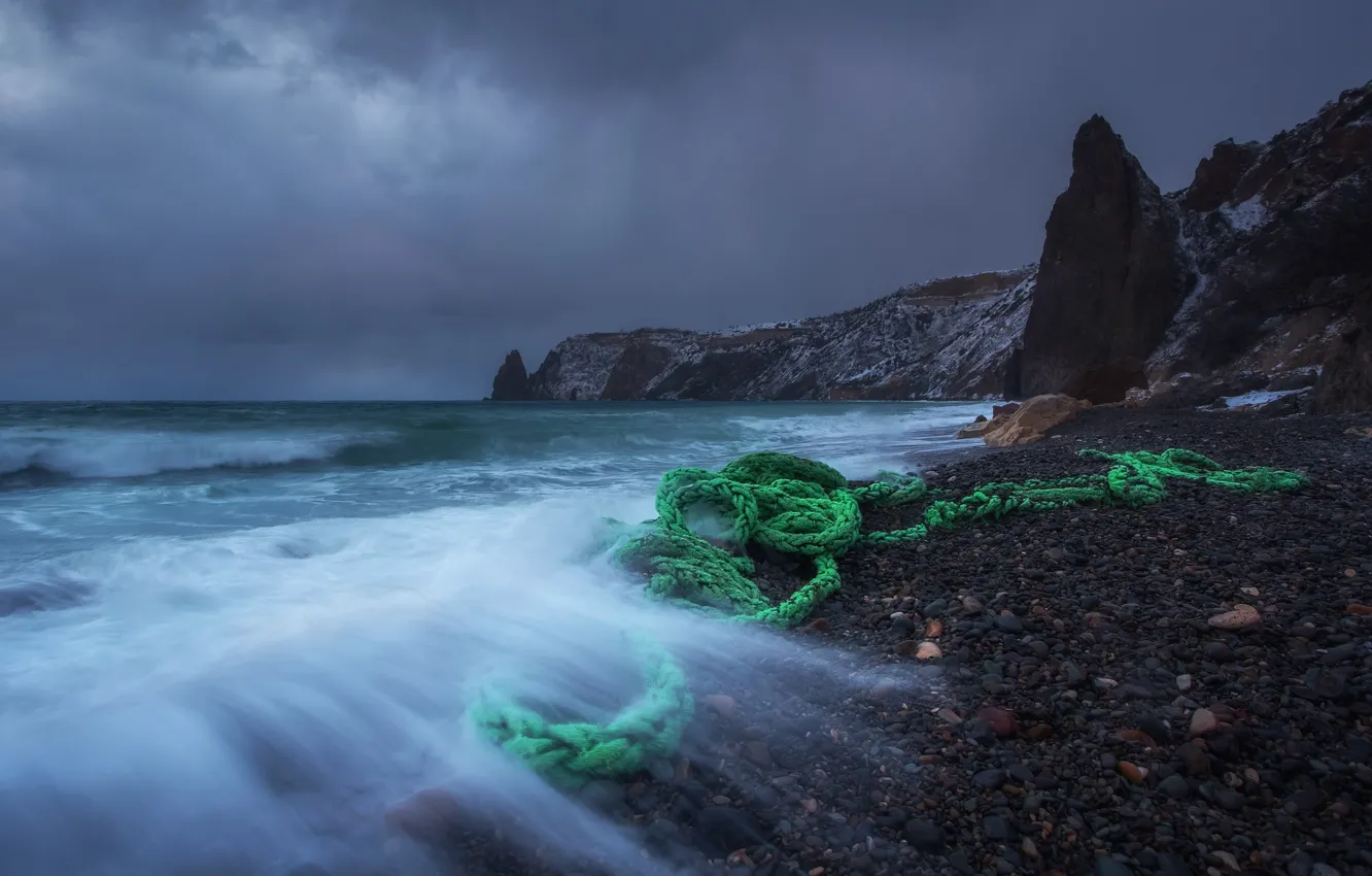 Photo wallpaper winter, sea, landscape, storm, nature, rocks, shore, rope
