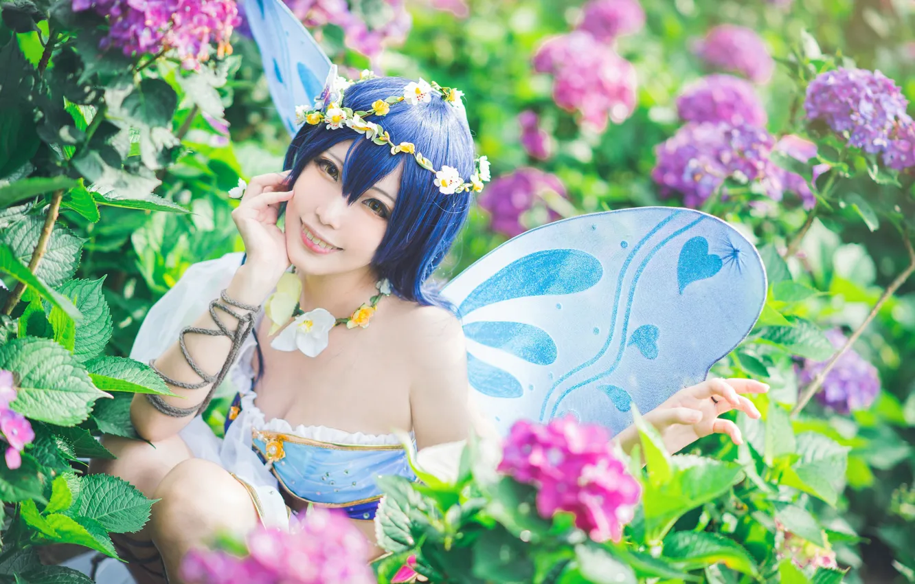 Photo wallpaper greens, summer, look, leaves, girl, flowers, face, pose