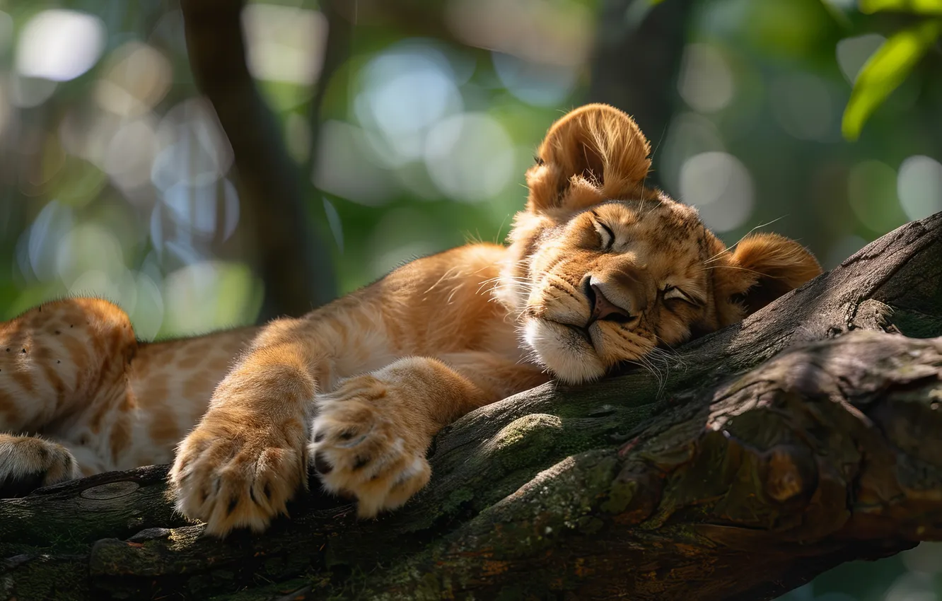 Photo wallpaper leaves, predator, cub, kitty, face, lion, big cat, digital art