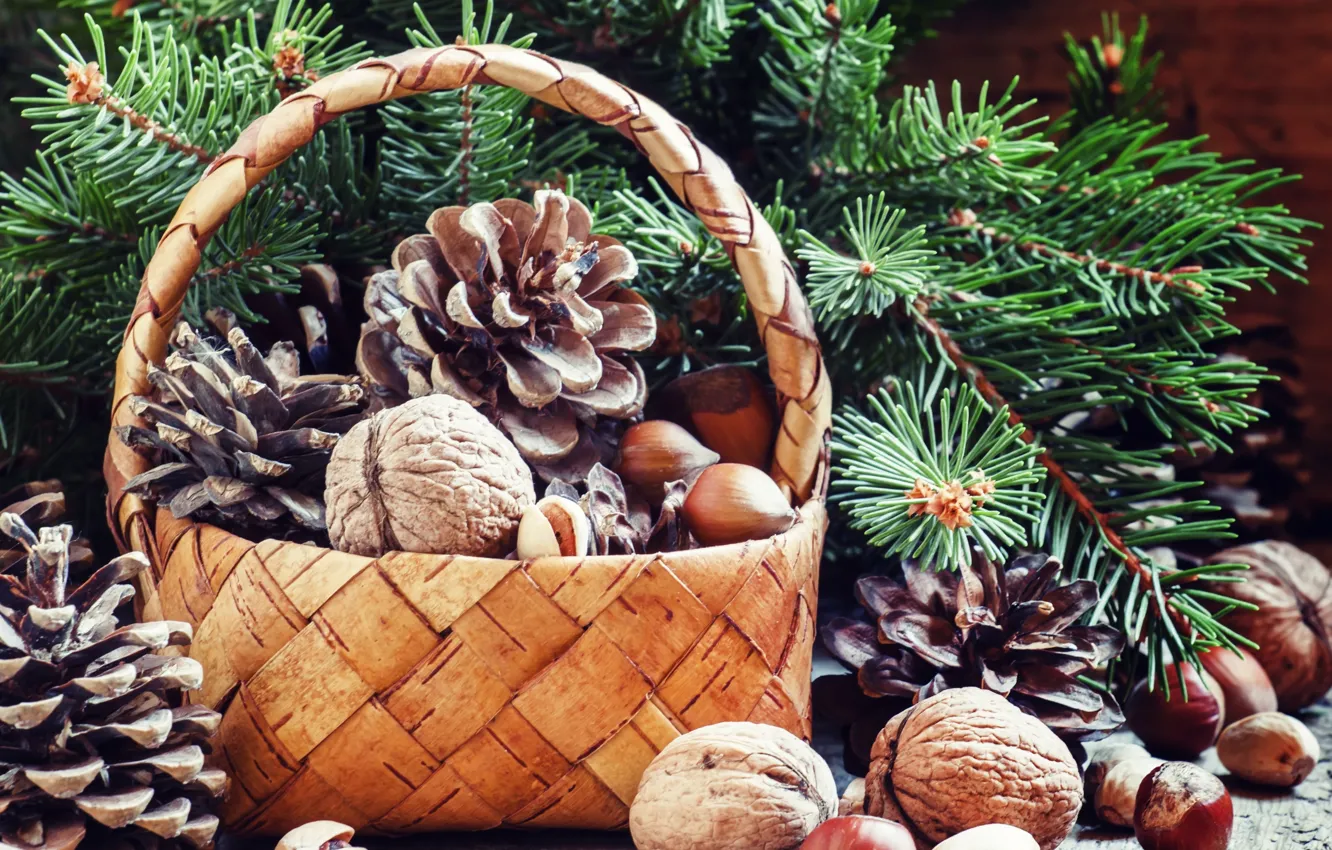 Photo wallpaper decoration, new year, Christmas, basket, Christmas, bumps, decoration, Merry