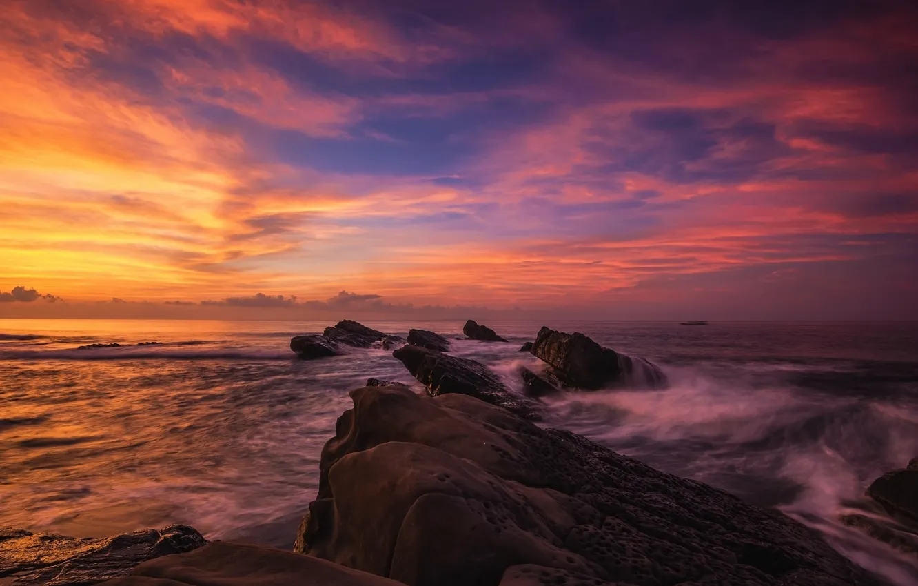 Photo wallpaper sea, wave, the sky, the sun, clouds, sunset, bright, stones