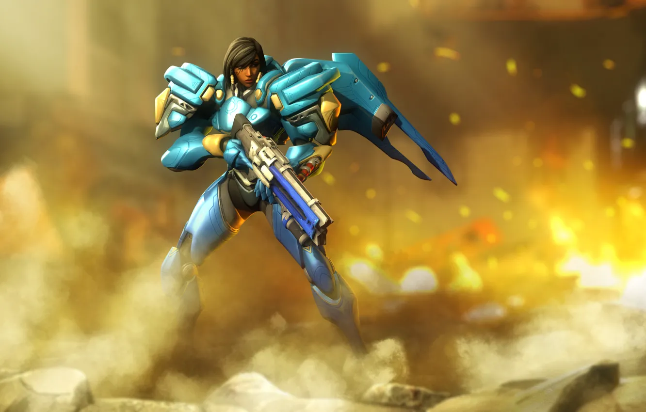 Photo wallpaper girl, gun, armor, ruins, Blizzard, fps, Overwatch, pharah