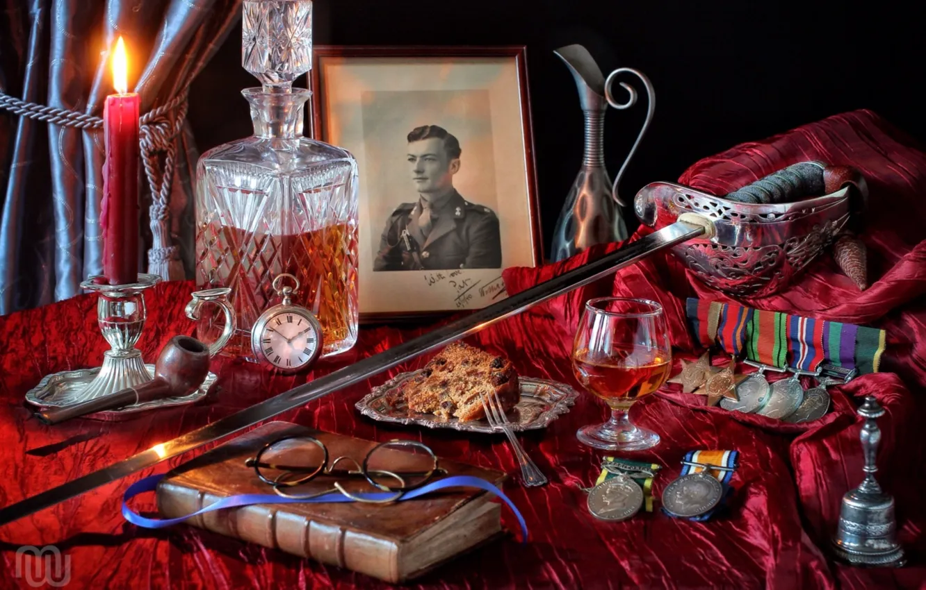 Photo wallpaper watch, bottle, portrait, tube, candles, glasses, alcohol, medal