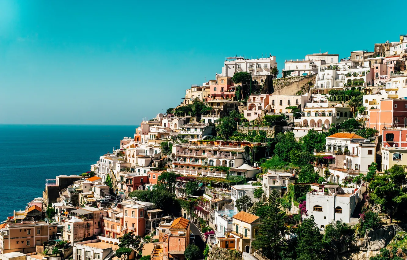 Photo wallpaper sea, ocean, Italy, Campania, houses, Amalfi Coast, Salerno, sunny