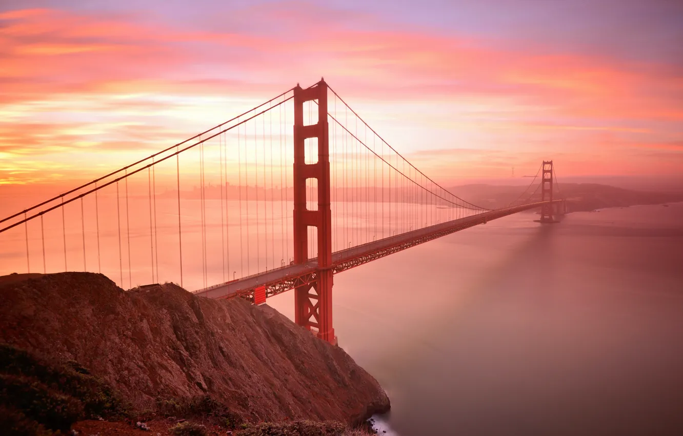 Photo wallpaper the sky, clouds, sunset, bridge, Bay, San Francisco, Golden gate