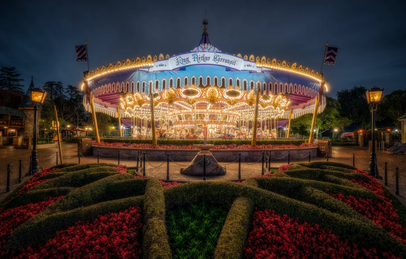 Photo wallpaper the evening, CA, carousel, USA, Disneyland, parks, Anaheim, King Arthur Carrousel