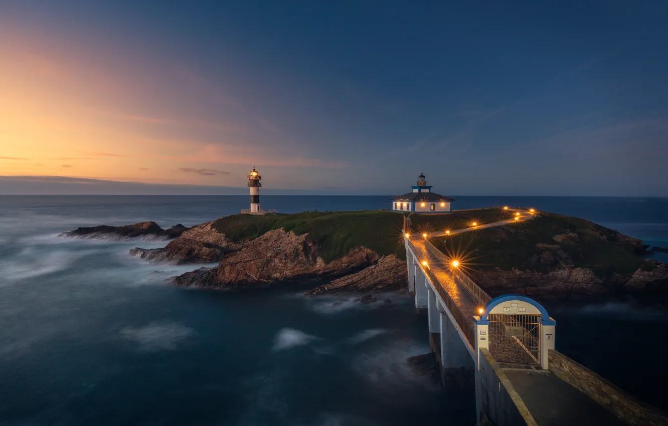 Photo wallpaper sea, night, bridge, lights, shore, lighthouse, pierce, Church