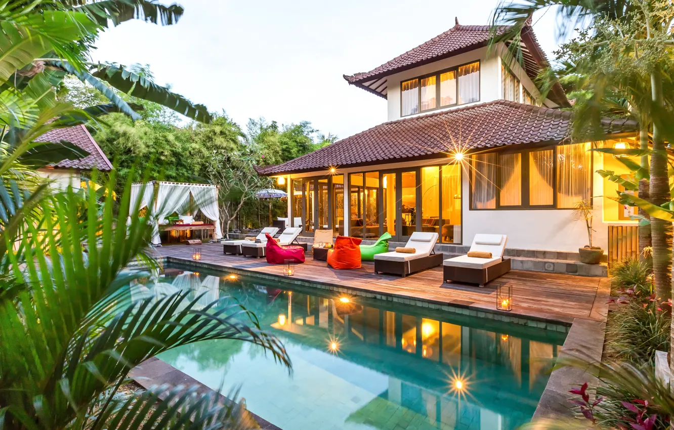 Photo wallpaper palm trees, vegetation, Villa, interior, pool, lighting, sunbeds