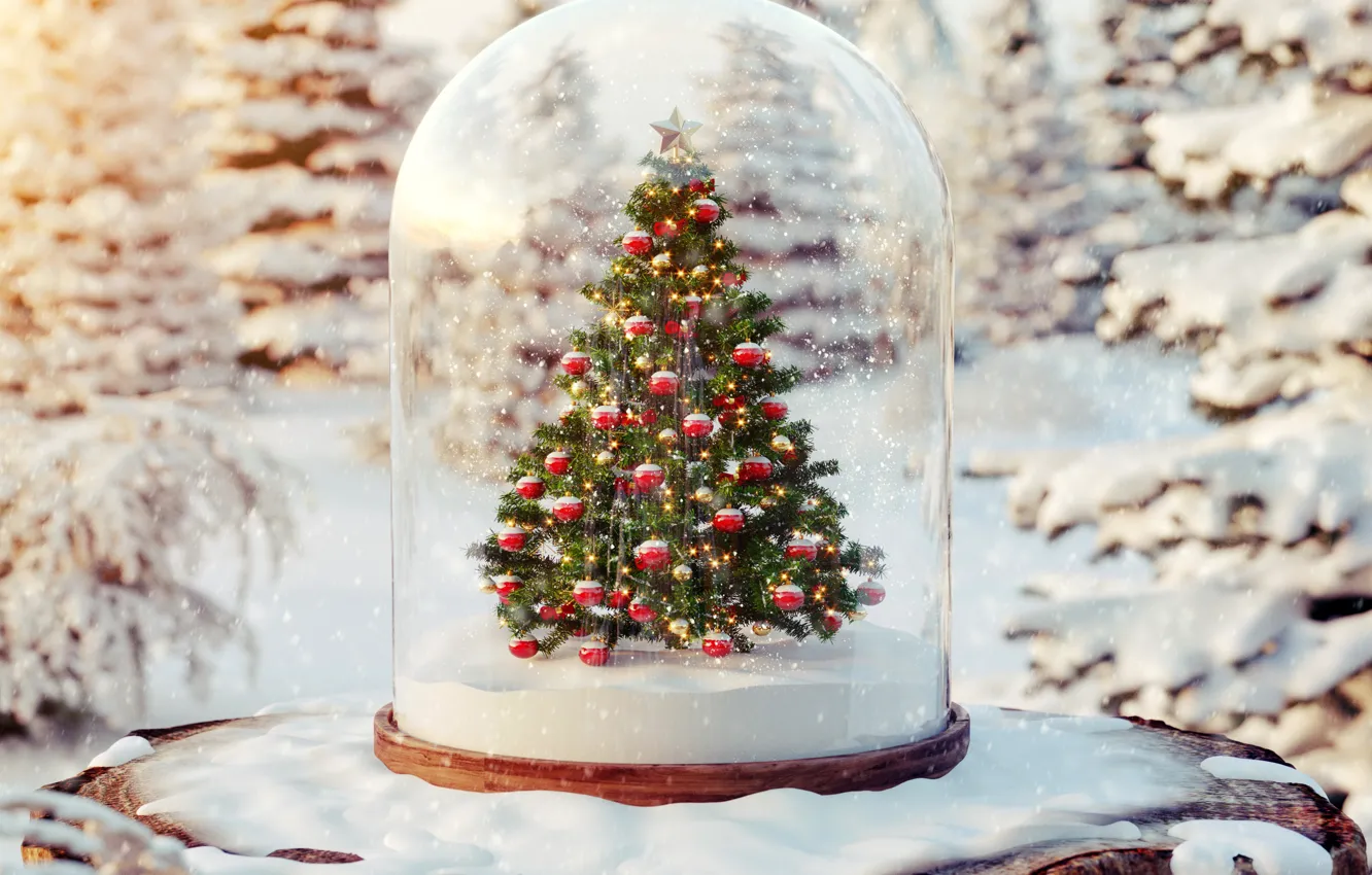 Photo wallpaper balls, snow, tree, tree, winter, snow, merry christmas, christmas tree