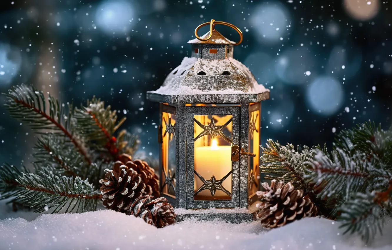 Photo wallpaper winter, snow, decoration, night, new year, Christmas, lights, light