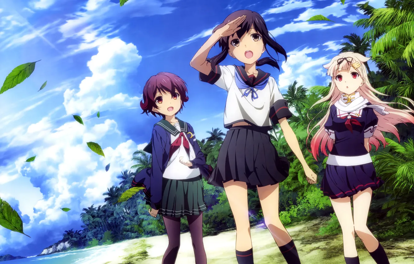 Photo wallpaper girl, beach, long hair, brown eyes, nature, anime, beautiful, red eyes