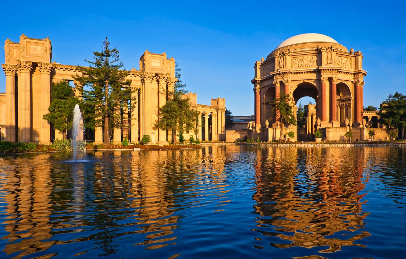Photo wallpaper the sky, trees, pond, Park, arch, columns, fountain, gazebo
