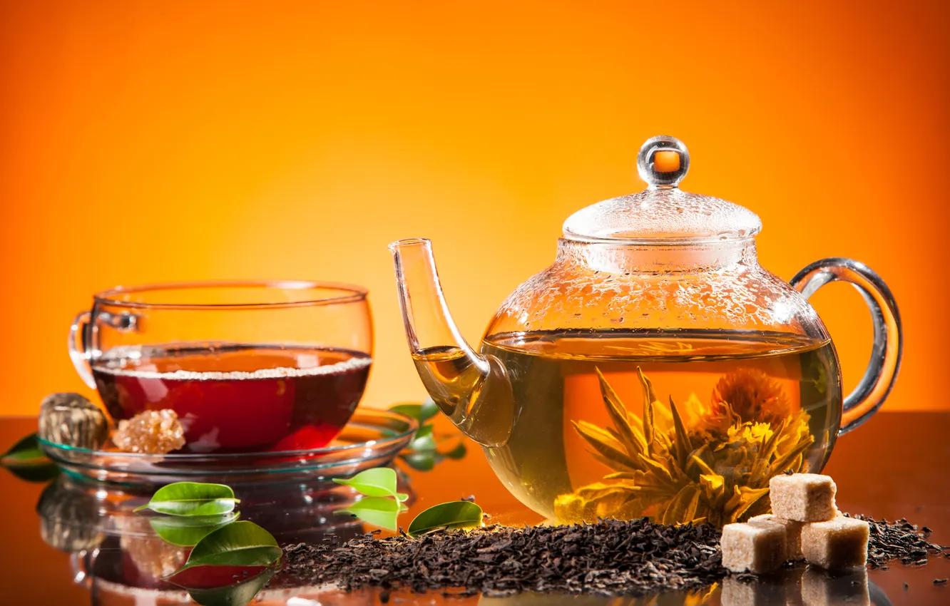 Photo wallpaper kettle, sugar, sugar, tea, tea leaves, the leaves of tea, brew tea, brewed tea