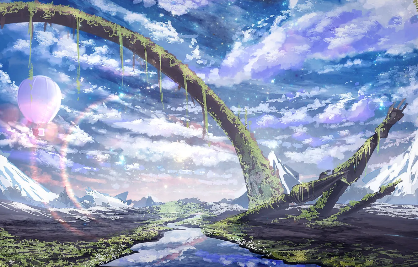 Photo wallpaper the sky, mountains, nature, balloon, river, by smile