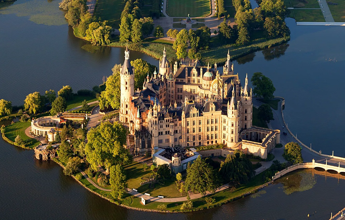 Photo wallpaper river, castle, Germany, Schwerin, Schwerin