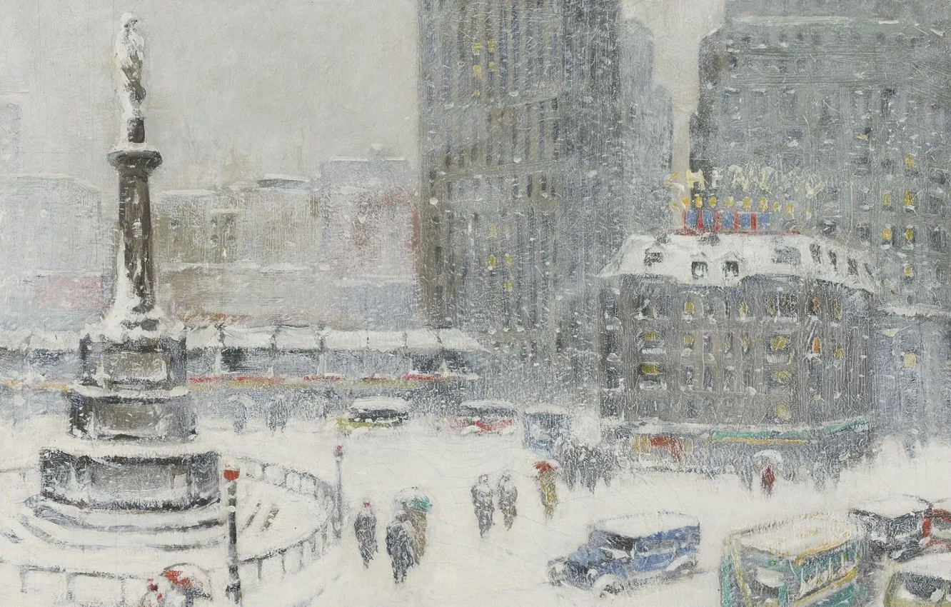 Photo wallpaper winter, snow, picture, area, the urban landscape, Guy Carleton Wiggins, Columbus Circle