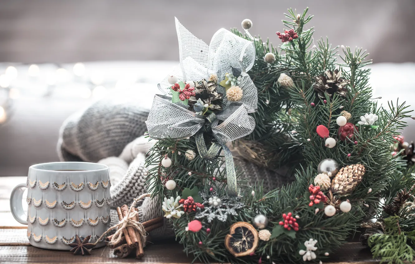 Photo wallpaper branches, Christmas, mug, New year, tinsel, decoration, Christmas wreath