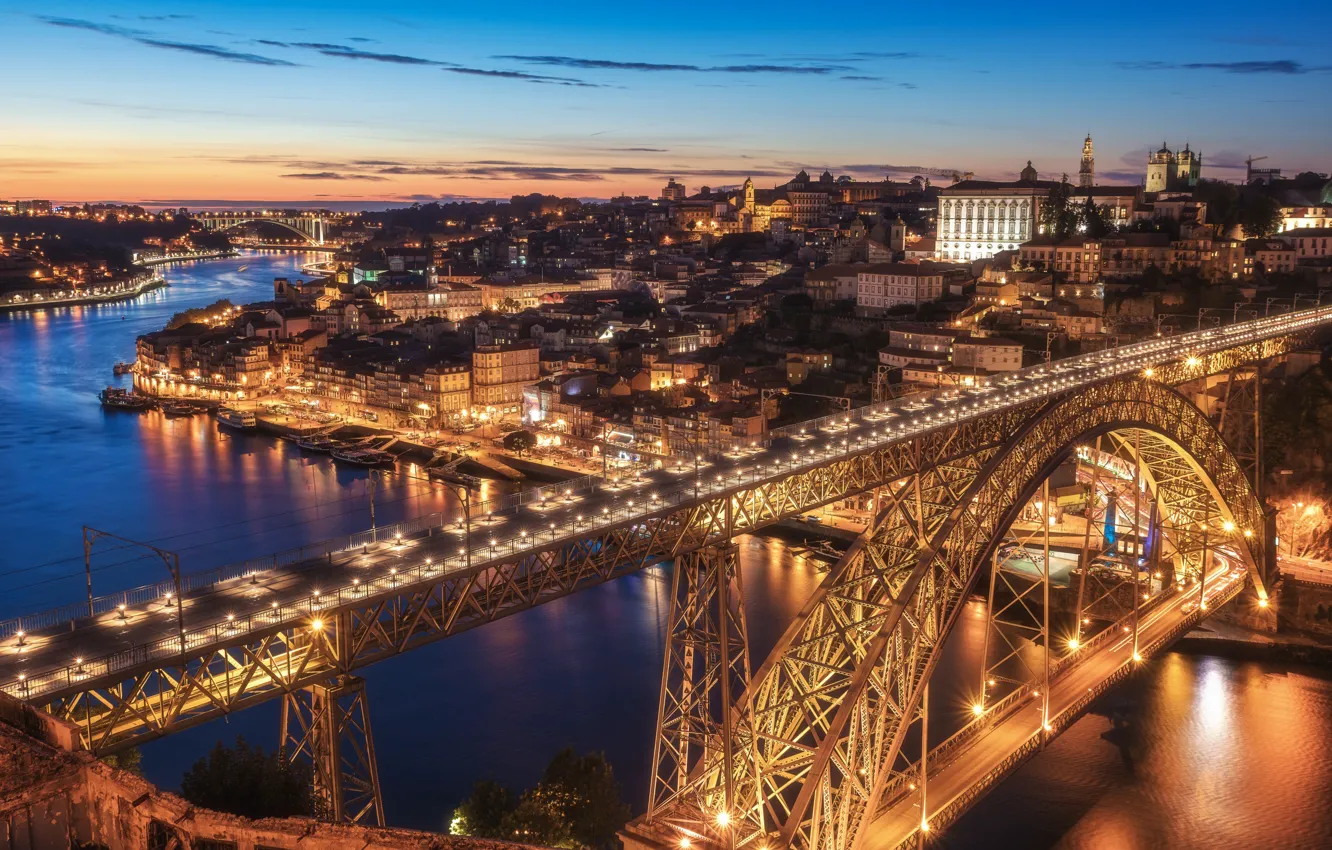 Photo wallpaper sunset, bridge, river, Portugal, night city, Portugal, Vila Nova de Gaia, Porto