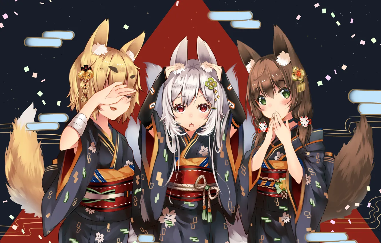 Photo wallpaper Japan, belt, kimono, gesture, ears, art, can't hear anything, can't see anything