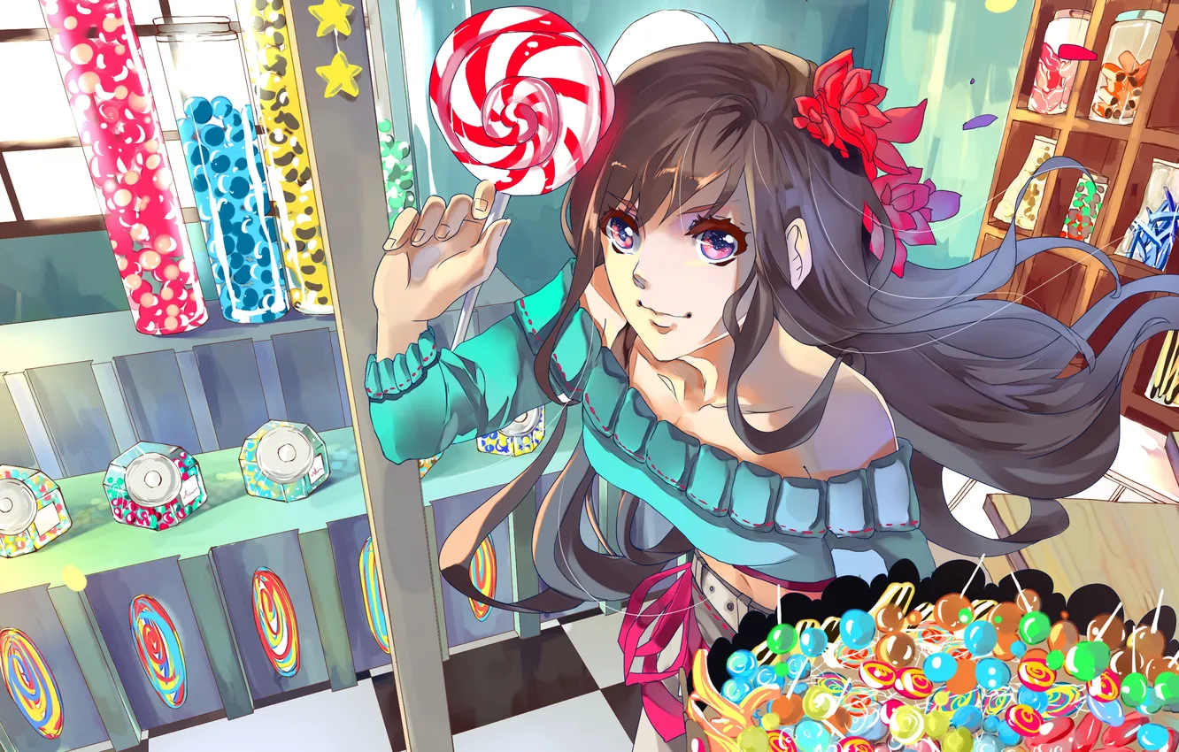 Photo wallpaper girl, flowers, candy, sweets, candy, aiki-ame