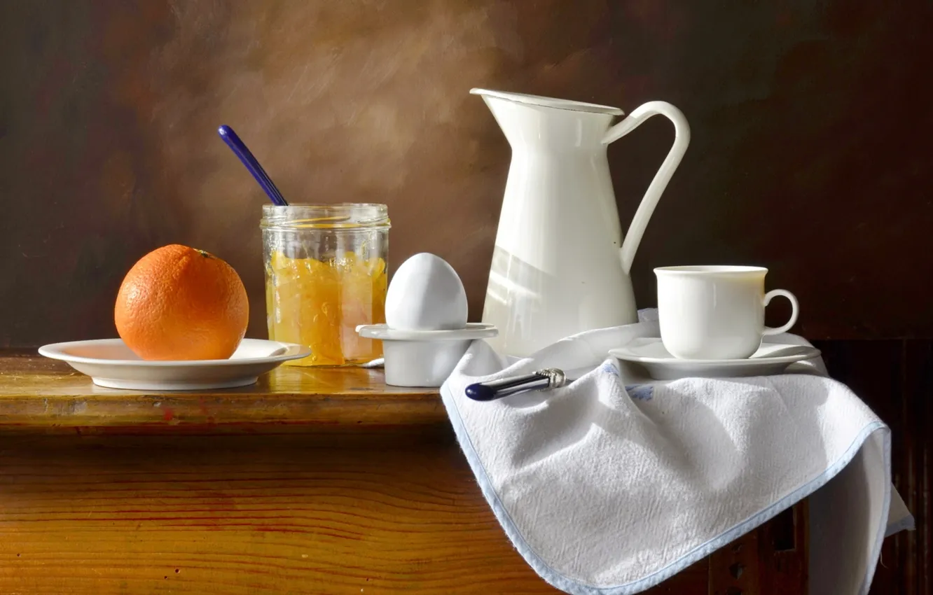 Photo wallpaper table, background, orange, eggs, knife, Cup, dishes, pitcher
