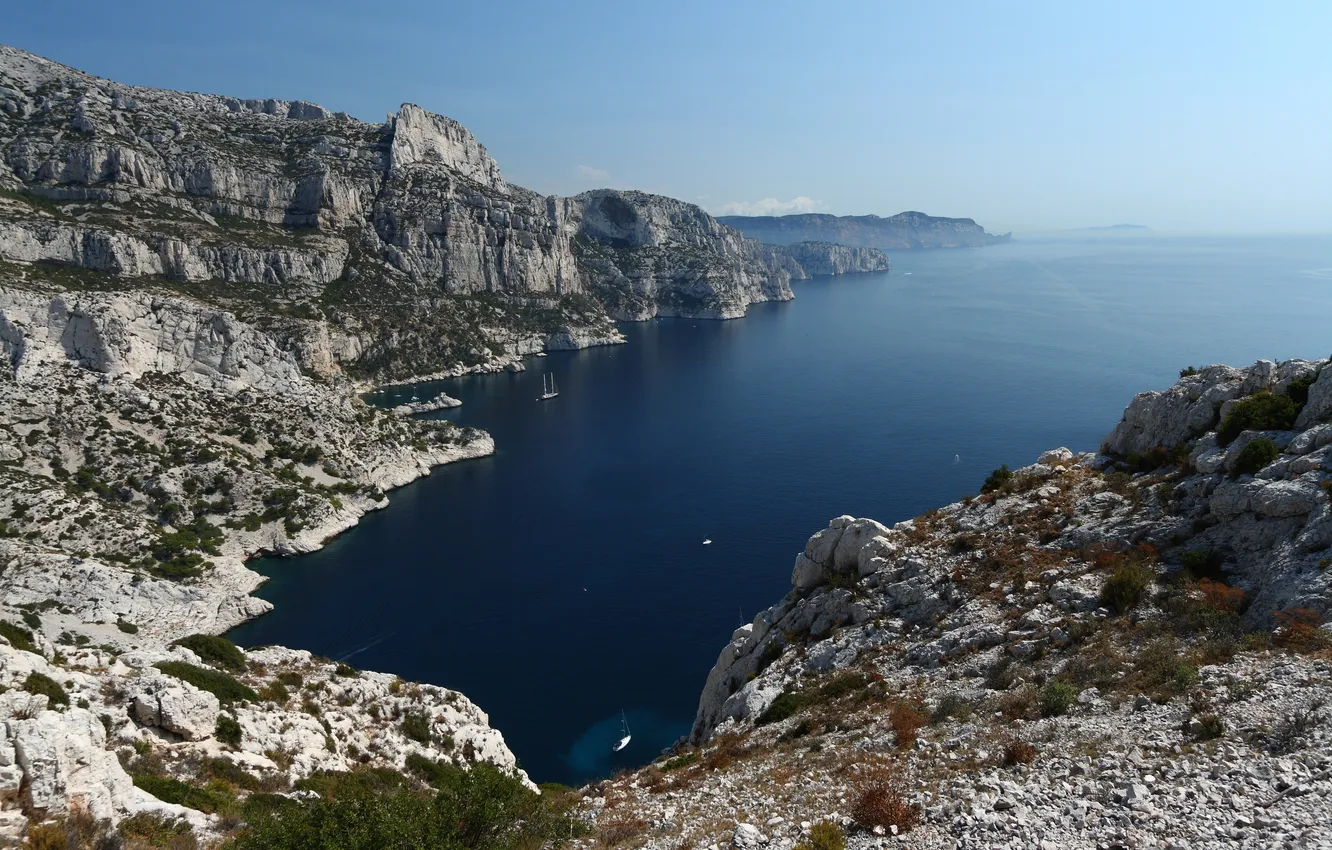 Photo wallpaper the sky, stones, rocks, ship, yacht, the bushes, The Mediterranean sea