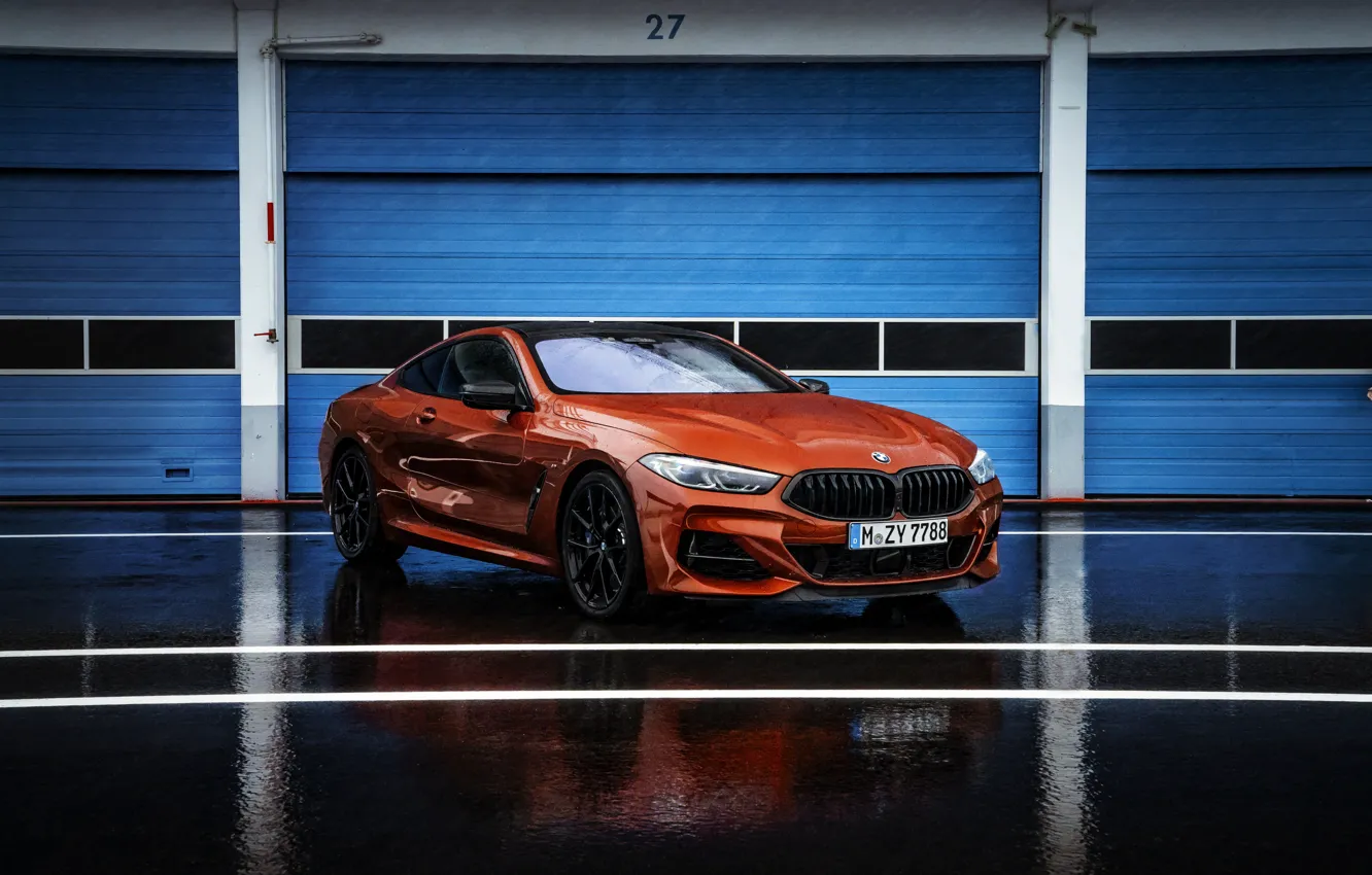 Photo wallpaper coupe, gate, BMW, Coupe, boxes, 2018, 8-Series, dark orange