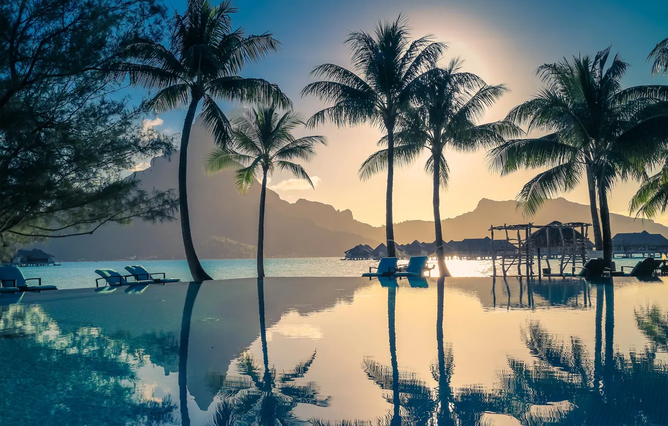 Photo wallpaper sea, palm trees, the evening, Bora Bora