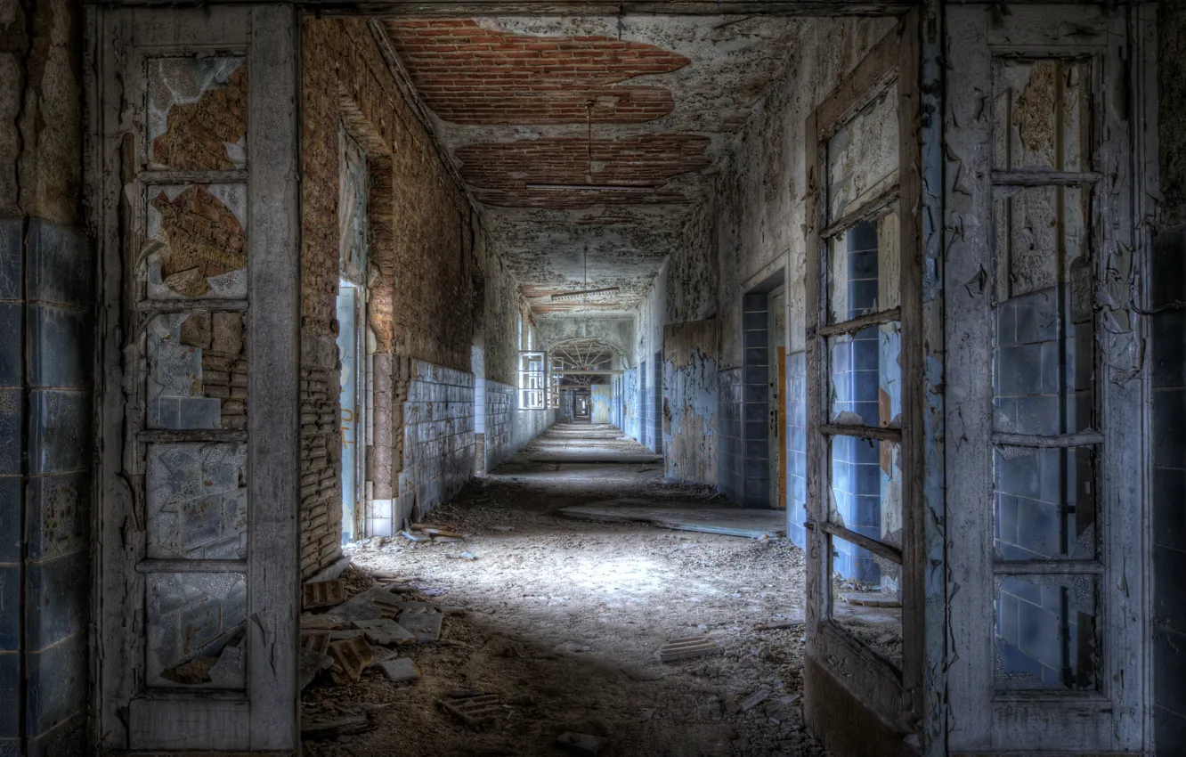 Photo wallpaper dirt, ruins, building, walls without paint, broken windows, construction, halls