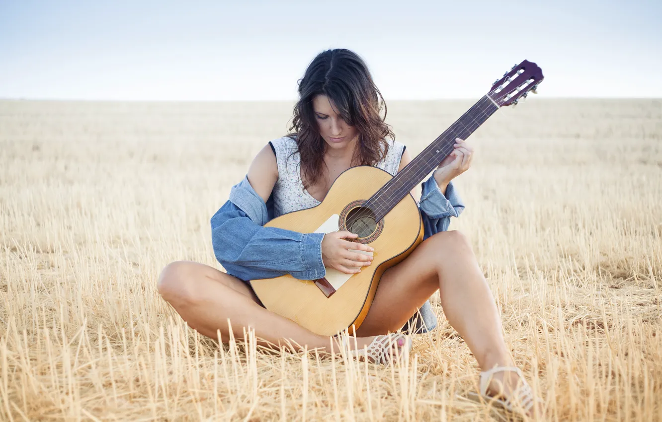Photo wallpaper girl, nature, music, guitar
