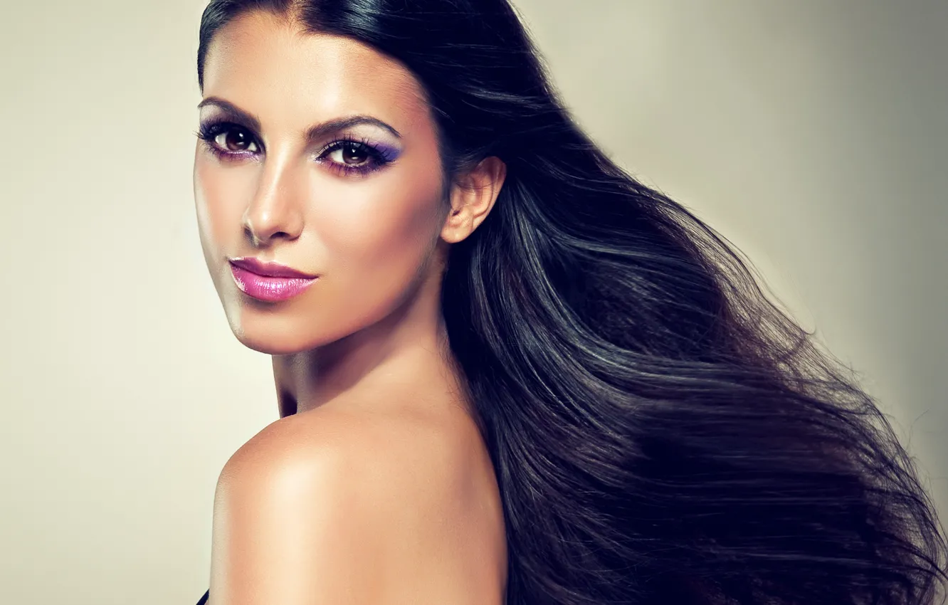 Photo wallpaper look, girl, eyelashes, background, black, model, hair, makeup