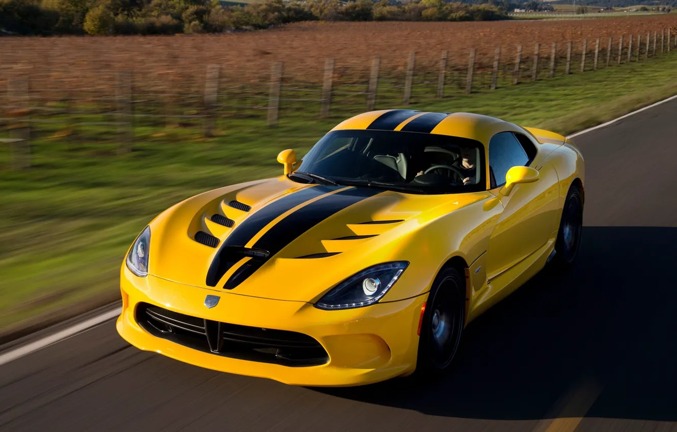 Photo wallpaper road, yellow, strip, speed, black, Dodge Viper, yellow, GTS