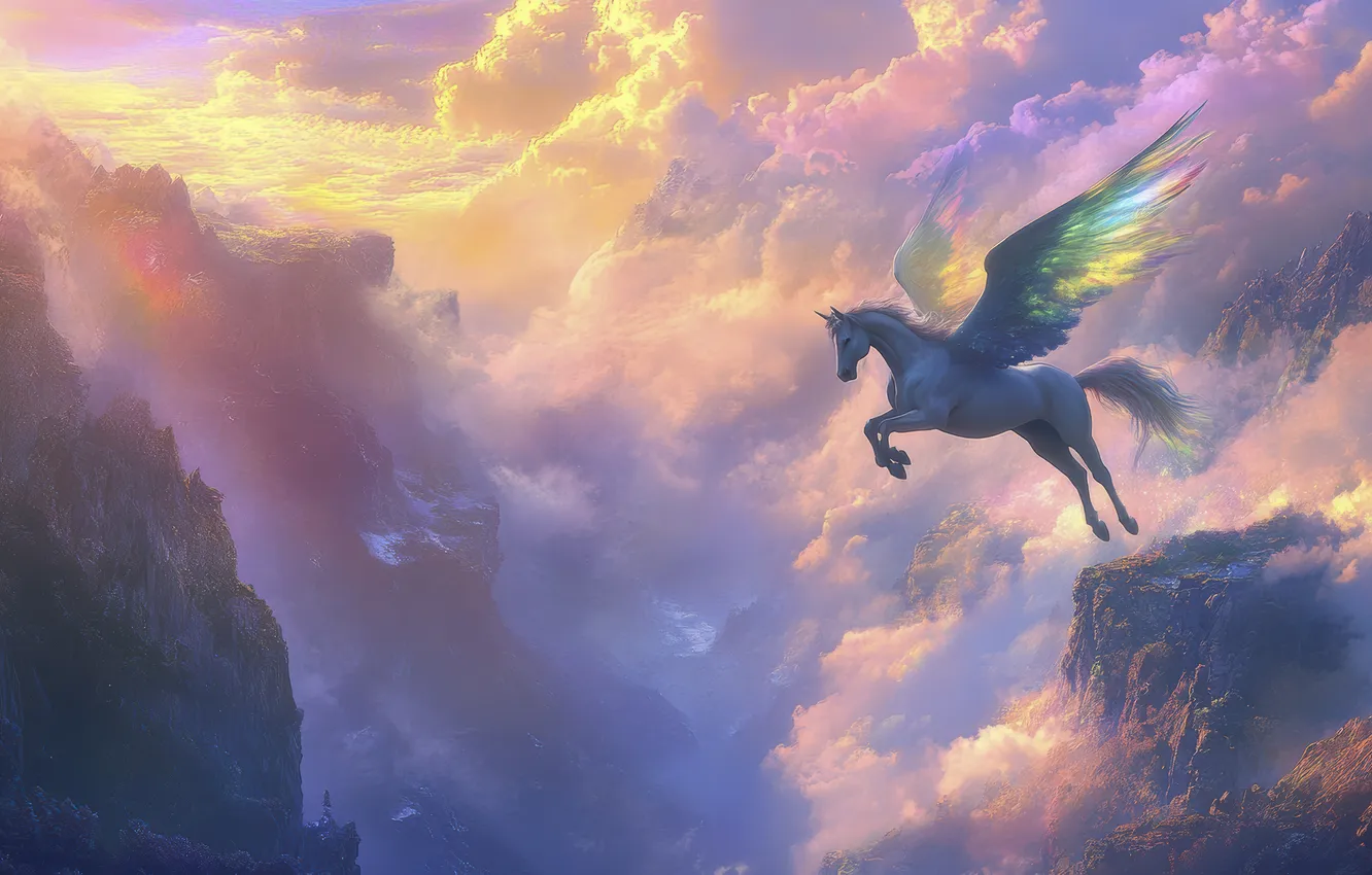 Photo wallpaper clouds, flight, mountains, fog, open, rocks, horse, dawn
