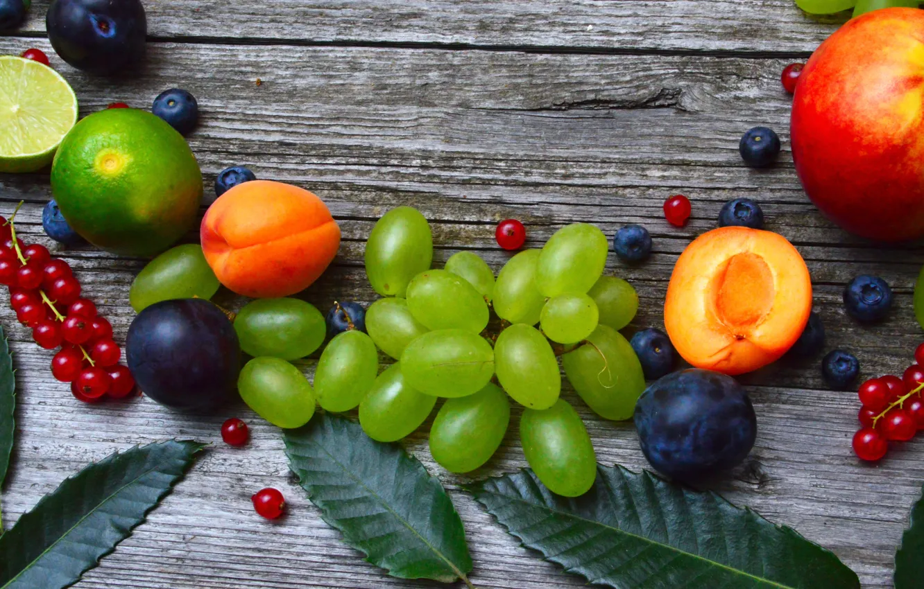 Photo wallpaper berries, Fruit, Grapes, peach, currants