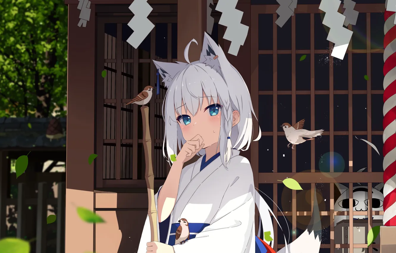 Photo wallpaper girl, Sparrow, temple, ears, Hololive virtual youtuber, Holo no Graffiti, Fubuki Shirakami