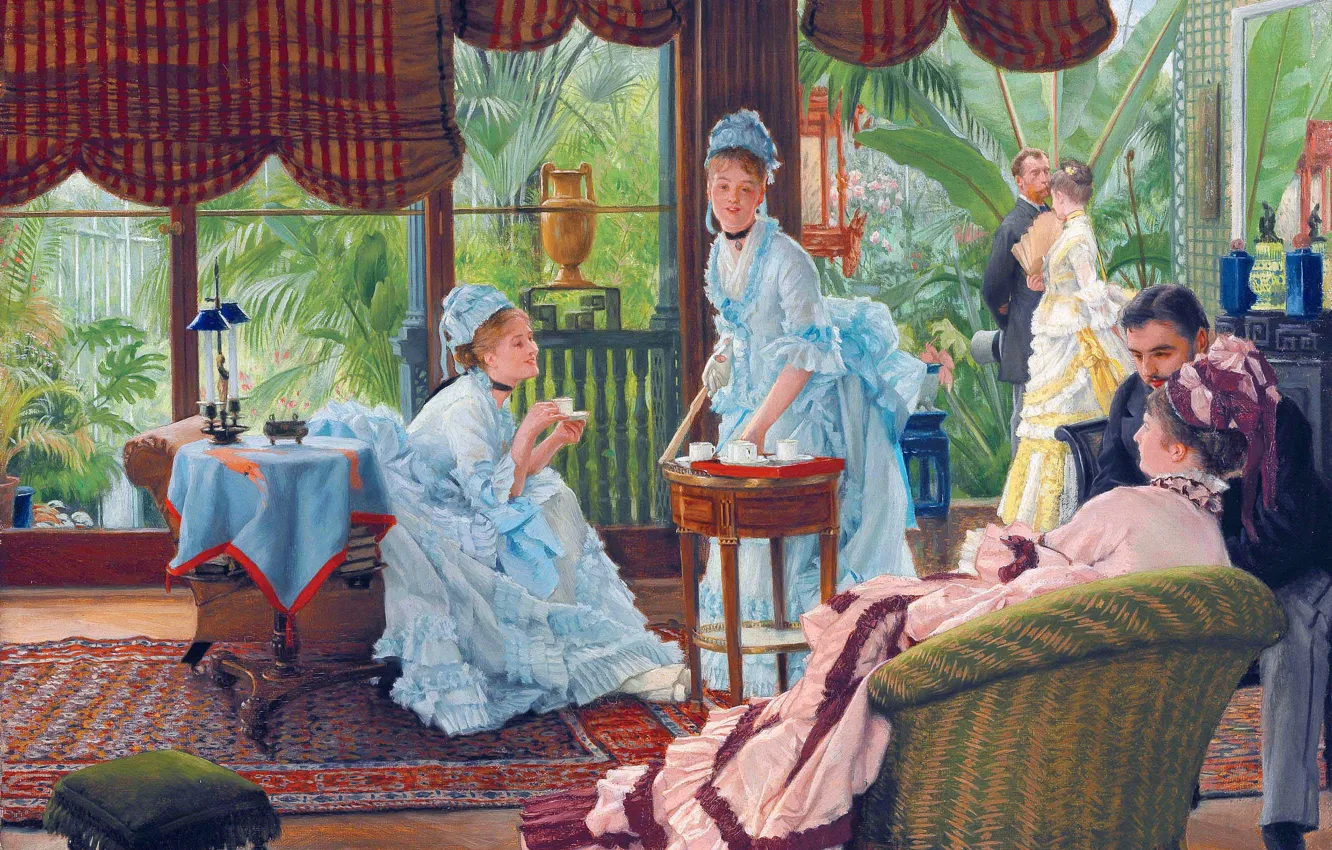 Photo wallpaper girl, interior, picture, French artist, James Tissot, James Tissot, In the Conservatory