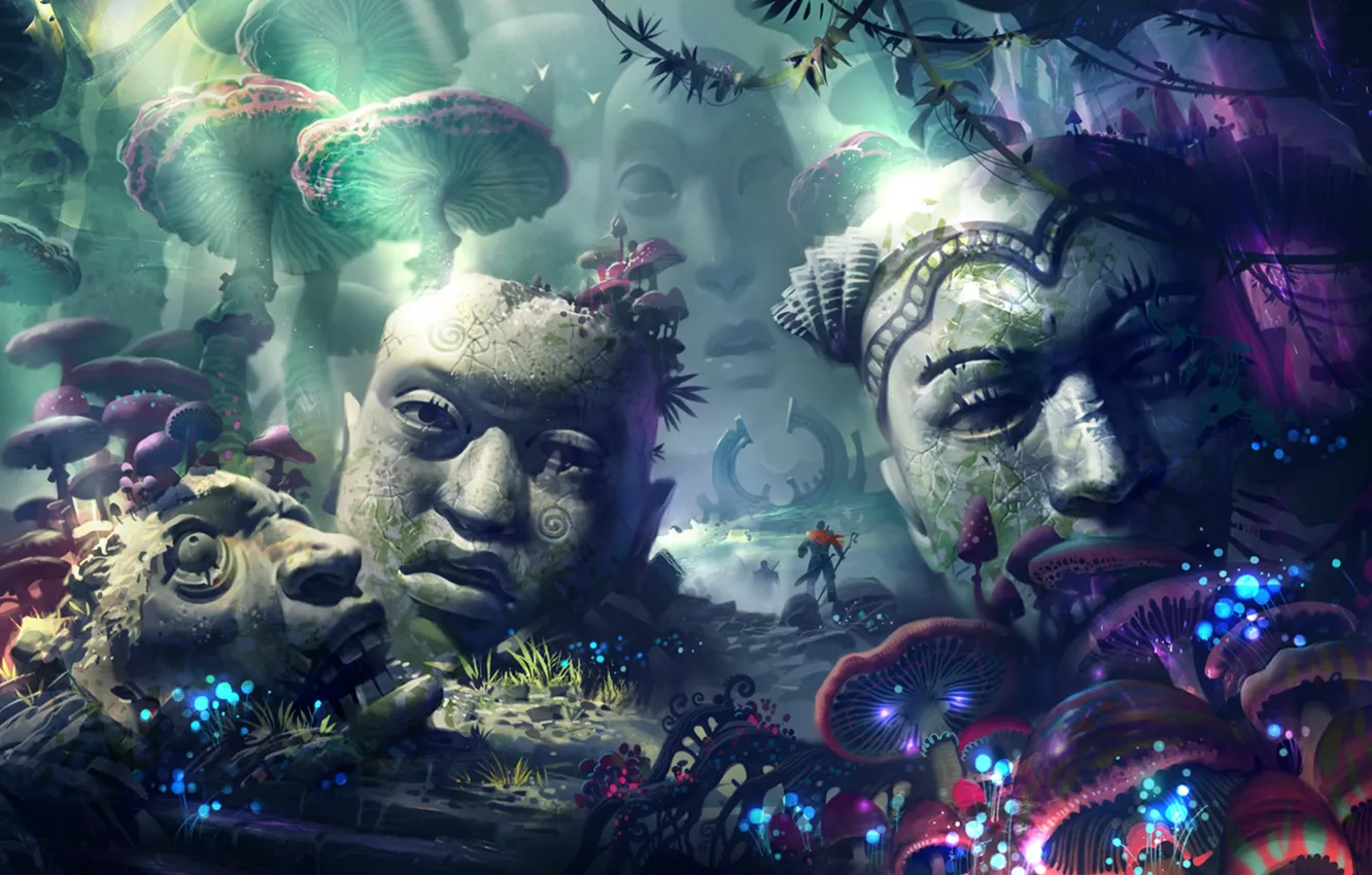 Photo wallpaper forest, magic, magic forest, stone heads