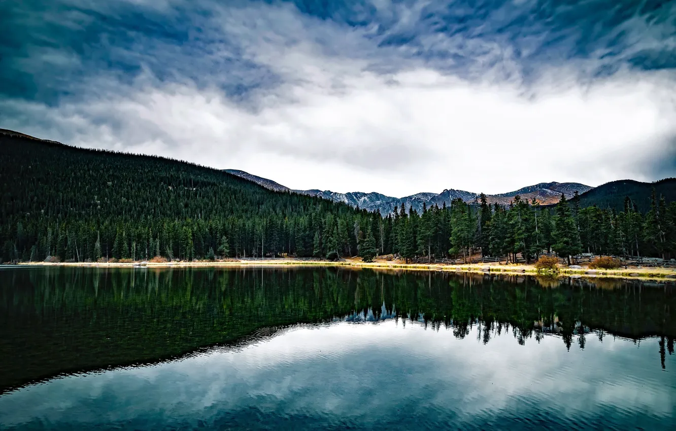 Photo wallpaper forest, trees, clouds, mountains, reflection, water, lake