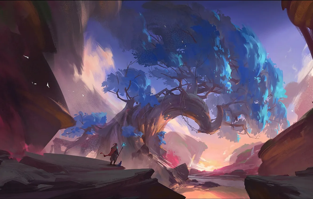 Photo wallpaper tree, animal, stick, digital art, artwork, fantasy art, magician, Cloak