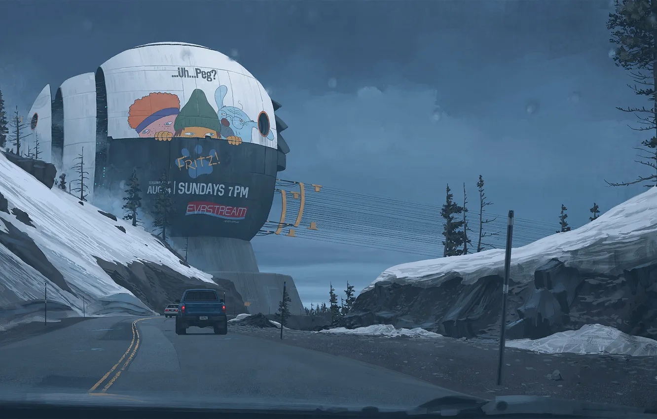 Photo wallpaper mountains, track, construction, car, Simon Stålenhag, main servers